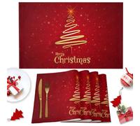 Merry Christmas Tree Placemats Set of 6,Xmas Red,Non-Slip/Wipe Clean Linen Dining Table Mat Set,Heat-Resistant Table Liner for Holiday/Party/Oudoor, Table Decoration