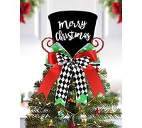 Merry Christmas Tree Topper Whimsical Top Hat with Check Bows Xmas Tree Ornament Winter Holidays Home Decoration Wreath Attachment Festive Gift Ideas Supplies
