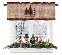 Merry Christmas Tree Valances Windows Curtain Farm Xmas Tree Kitchen Valances Rod Pocket Snowflake Red Black Buffalo Plaid Check Short Topper Curtains Winter Holiday Christmas Decor 1 Panel,54x18in