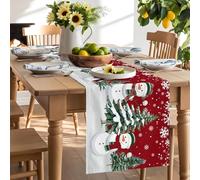 Merry Christmas Tree Winter Snowman Table Runner 120 Inches Long, White Snowflake on Red Washable Table Runners Heat-Insulation Kitchen Dining Table Decorations for Home Party Decor 13x120in