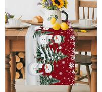 Merry Christmas Tree Winter Snowman Table Runner 36 Inches Long, White Snowflake on Red Washable Table Runners Heat-Insulation Kitchen Dining Table Decorations for Home Party Decor 13x36in
