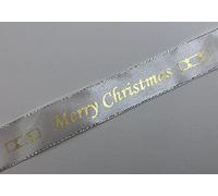 Merry Christmas White Satin Ribbon with Silver Edge 25mm x 1 Metre Cut from roll