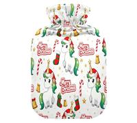 Merry Christmas White Unicorns hot Water Bottle with Soft Cover, 2L hot compresses for The Body for Hand Feet Warmer,Hand Feet Warmer,Bolsa de agua Caliente para el Dolor