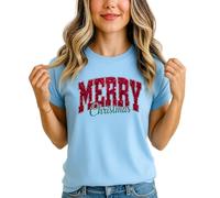 Merry Christmas Womens Graphic T-Shirt Festive Holiday Season Tee Top M (12-14) Sky Blue