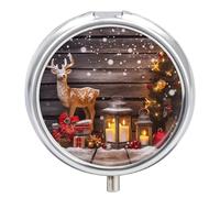 Merry Christmas Wooden Board Candle Deer Pill Box Cute Round Pill Case Portable Medicine Tablet Vitamin Holder Organizer for Purse Pocket