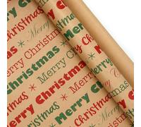 Merry Christmas Wrapping Paper -1 Mini Roll 17 X 10 ft Per roll 14.1 sq.ft.ttl - Red Green Vintage Bold Typography Print with Snowflakes on Kraft Paper for Xmas Holiday Gifts, Winter Party Decor