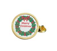 Merry Christmas Wreath (C) Gold Plated Domed Lapel Pin Badge in Bag
