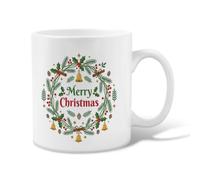 Merry Christmas Wreath Ceramic Coffee Mug 11oz | Evergreen Branches, Tea Cup, Holly Berries, Golden Bells, Pinecones, Cinnamon Sticks, Winter Beverage Ware