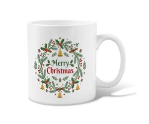 Merry Christmas Wreath Ceramic Coffee Mug 11oz | Evergreen Branches, Tea Cup, Holly Berries, Golden Bells, Pinecones, Cinnamon Sticks, Winter Beverage Ware