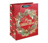 Merry Christmas Wreath Embossed Large Red Gift Bag 33cm