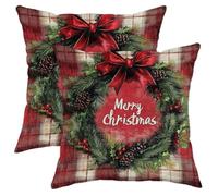 Merry Christmas Wreath Throw Pillow Covers, Red Plaid Winter Holiday Cushion Cases, Festive Decor for Home Sofa Bedroom Living Room 16x16 Inch