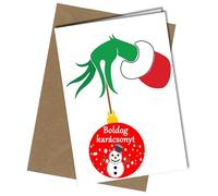 MERRY CHRISTMAS XMAS GRINCH SNOWMAN DESIGN - HUNGARIAN LANGUAGE - A5 XMAS CARD | Envelope Included | Blank Inside | Unique Design | Personalised Free of Charge