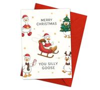 Merry Christmas You Silly Goose Funny Holiday Card for Friends, Family, or Coworkers, Cute Geese in Santa Hats with Tree and Sleigh from Animal Lovers or Secret Santa Gift - 8x5.3 Inch With Envelope