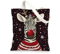 Merry Christmas Zebras Canvas Tote Bag for Shopping 13 * 15, Fun Snow Animal Xmas Reusable Grocery Bag for Women, Holiday Wildlife Aesthetic Painting Gift Decor