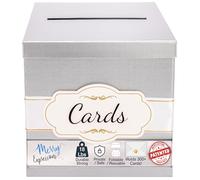 Merry Expressions Silver Wedding Card Box for Party, Wedding, Birthday, Graduation, 25 x25 cm - Large Post Box for Cards & Memories - Wedding Gift Card Box with White & Gold Satin Ribbon & Cards Label