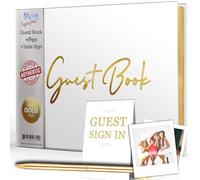 Merry Expressions Wedding Guest Book & Pen, Gold Finish - 23x18 cm Hardcover White Polaroid Guest Book 100 Pages - Guest Sign In Book for Wedding Reception, Birthday Party, Bridal Showers & More