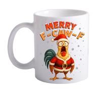 Merry F-Caw-F Christmas Coffee Mug, 11oz White Ceramic Cup with Funny Rooster Design, Holiday Themed Novelty Gift for Friends and Coworkers