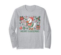 Merry Goosemas Cute Christmas Goose Santa Hat Lights Stars Long Sleeve T-Shirt