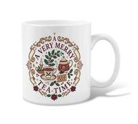 Merry Holiday Tea Party Quote Teapot Christmas Ceramic Coffee Mug 11oz | Holly Leaves, Tea Cup, Tea Cup, Cake Slice, Ornate Ribbon Border, Cozy Beverage Ritual