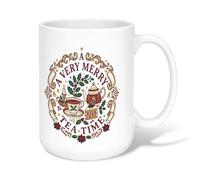 Merry Holiday Tea Party Quote Teapot Christmas Ceramic Coffee Mug 15oz | Holly Leaves, Tea Cup, Tea Cup, Cake Slice, Ornate Ribbon Border, Cozy Beverage Ritual