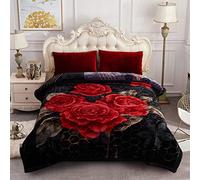 MERRY HOME Heavy Fleece Blanket King Size, Korean Mink 2 Ply 10 Pounds Plush Bed Blanket - Sliky Soft, A&B Printed (Red Black Floral, King(85"x 93"))