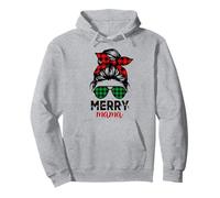 Merry Mama Christmas Mom Women Messy Bun Buffalo Plaid Xmas Pullover Hoodie