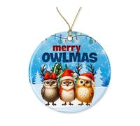 Merry Owlmas Ceramic Christmas Ornament - Cute Three Owls with Santa Hats - Holiday Tree Decoration - Winter Keepsake - Gift for Owl Lovers Printed on Both Sides