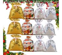 Merry Pouch Christmas Bags, Pull Tie Merrypouch Small Christmas Drawstring Gift Bags Assorted Sizes, Reusable Wrapping with Drawstring Xmas Wrapping Collection Wrap for Gifts Presents Party(M12PCS)