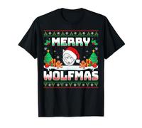 Merry Wolfmas Santa Hat Snow Xmas Tree Ugly Christmas Wolf T-Shirt