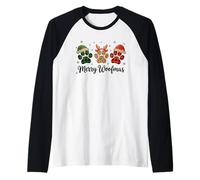 Merry Woofmas Paw Print Christmas Plaid & Leopard Patterns Raglan Baseball Tee