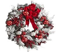 Merry Xmas Red & White Christmas Wreath, Artificial with Pine Cones, Berries & Ribbons, & Fade-Resistant, Indoor/Outdoor Decoration, Front Door, Window, Wall (A)