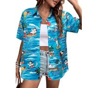 Merry Xmas Shirt Hawaiian Shirts Women Funny Santa Claus Snowman Ugly Graphic Tee Summer Holiday Beach Blouses Button Up Tops, Blue, XL