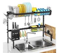 MERRYBOX Over The Sink Dish Drying Rack, 2-Tier Adjustable Length (25.6-33.5in), Stainless Steel Dish Drainer with Cutting Board Holder, Large Dish Rack for Kitchen Counter Organizer Space Saver