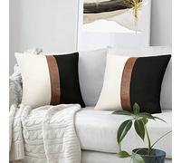 Merrycolor Thick Black Linen Farmhouse Square Throw Pillow Cover Black Brown Color Block Decorative Linen Faux Leather Ticking Stripe Cushion Pillowcase Modern Sofa Couch Pillow Cover 20x20 Inches