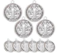 MERRYHAPY 10pcs Metal Saint Benedict Medals Pendant with Cross Pattern, Religious St Benedicts Charm for DIY Necklace and Keychain Making, Italian Medallion Jewelry Accessories Bulk Pack
