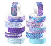 MERRYHAPY 12 Rolls DIY Washi Tape Set with Mermaid Scale Iridescent Design, Adhesive Sticker Material, Easy to Tear and No Residue, for Scrapbook Decor and Birthday Crafts