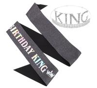 MERRYHAPY Men’s Birthday King Crown and Silver-black Sash Set with Rhinestones, Party Headband Hair Accessories for Birthday Celebrations