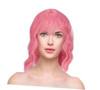 MERRYHAPY Pastel Pink Short Wig with Natural Waves and Stylish Bangs for Women Lightweight Curly Synthetic Hair Soft Texture Hairpiece for Cosplay and Daily Wear