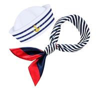MERRYHAPY Sailor Hat and Scarf Set for Adults Blue and White Striped Captain Costume Accessories for Themed Parties and Casual Wear Comfortable Nautical Outfit for Halloween and Cosplay