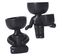 MERRYHAPY Unique Ceramic Succulent Planter Pots 2pcs with Creative Human Figure Design, Small Desktop Flower Pots for Indoor Plants, Black Color Set A+b for Home and Office Gardening