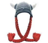 MERRYJULY Knitted Viking Hat with Horns and Braids Funny Hats For Women Men Adult Viking Helmet Costume (Red)