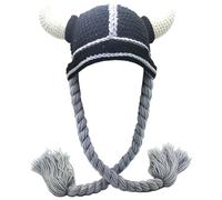 MERRYJULY Knitted Viking Hat with Horns and Braids Funny Hats For Women Men Adult Viking Helmet Costume (Gray)