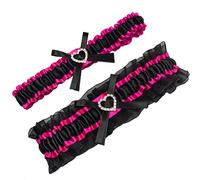 MerryJuly Satin Wedding Garter Belt Set Bridal Garters for Bride Women Wedding Leg Garter Free Size(15-23 inch), Hot Pink/Black, Free Size(15-23 inch)