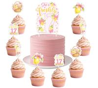 Merrystorm 25Pcs Freshly 17 Cake Cupcake Toppers Pink Lemonade Theme Lemon 17th Birthday Decorations Floral Pink Bow Cupcake Picks She's Freshly 17 Cake Decor for Girls Summer Birthday Party Supplies