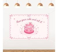 Merrystorm Have Your Cake and Eat It Two Backdrop Pink Cake Pink Bow 2nd Birthday Photography Background Vinyl Wall Décor for Girls 2nd Birthday Party Supplies Photo Booth 5x3ft