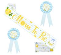 Merrystorm Lemon Baby Shower Mom to Be Sash and Corsage Pin Set, Citrus Yellow Stripe Blue Bow Fabric Shoulder Cant Wait to Squeeze You Party Decoration for Baby Shower Party Supplies