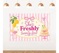 Merrystorm Lemonade She's Freshly Twenty-Four 24th Birthday Backdrop Yellow Pink Bow Cake Lemon Photography Background Wall Decor for Girls 24th Birthday Party Decor Supplies 5x3ft