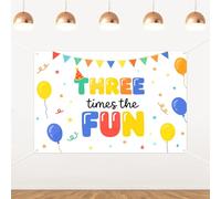 Merrystorm Three Times The Fun 3rd Birthday Backdrop 5x3ft Colorful Cartoon Balloons Confetti Photography Background for Kids Birthday Wall Decor Photo Area Dessert Table Setup