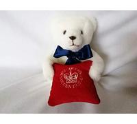 Merrythought Queen's Jubilee 7" Bear, White Mohair with Navy Ribbon & Red Embroidered Cushion