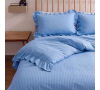 Merryword Denim Blue Striped Duvet Cover Set Queen Size, 100% Cotton Ruffled Bedding Set with Modern Coastal Style Soft Breathable Linen Like Bedding Set 3 Pieces